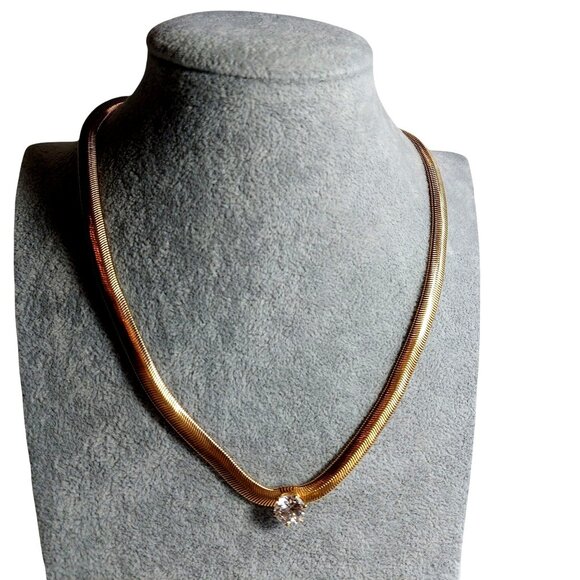 1980s Majesty Collection Gold Tone Snake Chain Necklace and Single Clear Crystal - Picture 1 of 5